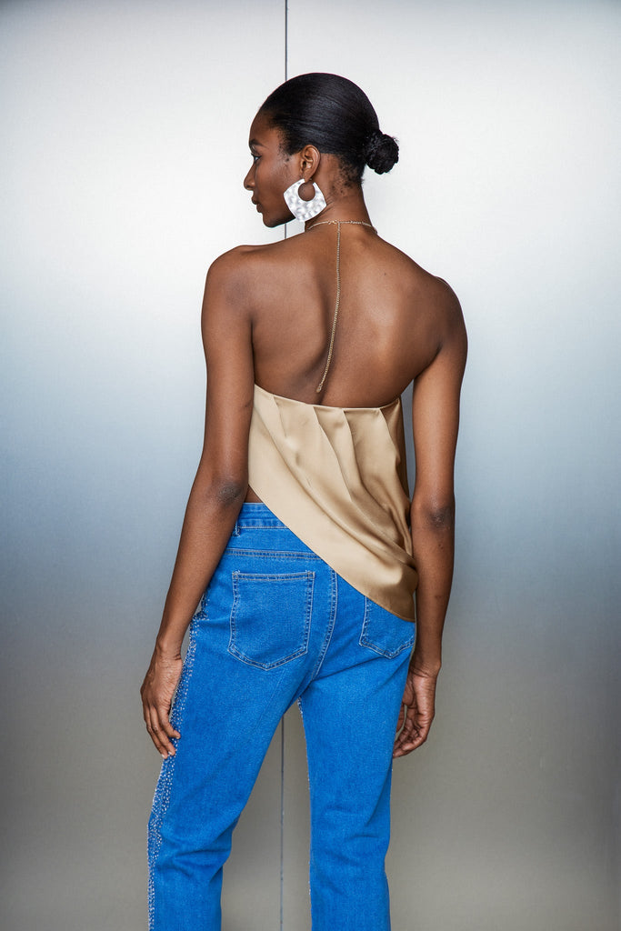 Stylish beautiful dress | Catellus Flower Satin Ruch Top In Gold - Ideal for special occasions