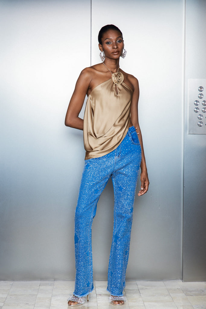 Shop  beautiful dress - Perfect for special occasions | Catellus Flower Satin Ruch Top In Gold