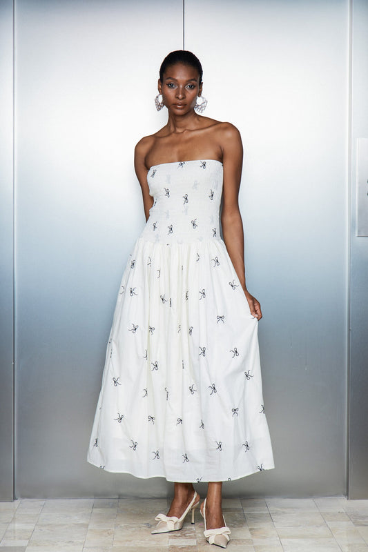 Caterina Strapless Bow Ruffle Maxi Dress