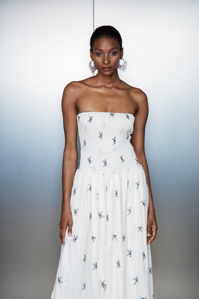 Shop  beautiful dress - Perfect for special occasions | Caterina Strapless Bow Ruffle Maxi Dress