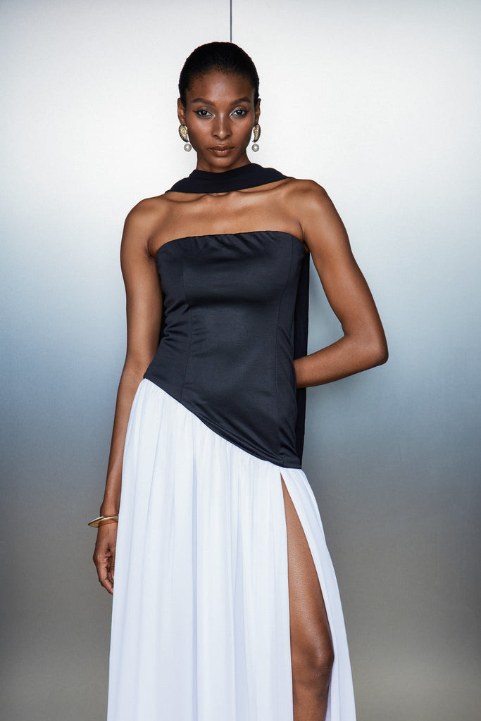 Cathaoir Ruffle Asymmetric Split Maxi Dress In Black - Stylish black dress for special occasions | Buy Online