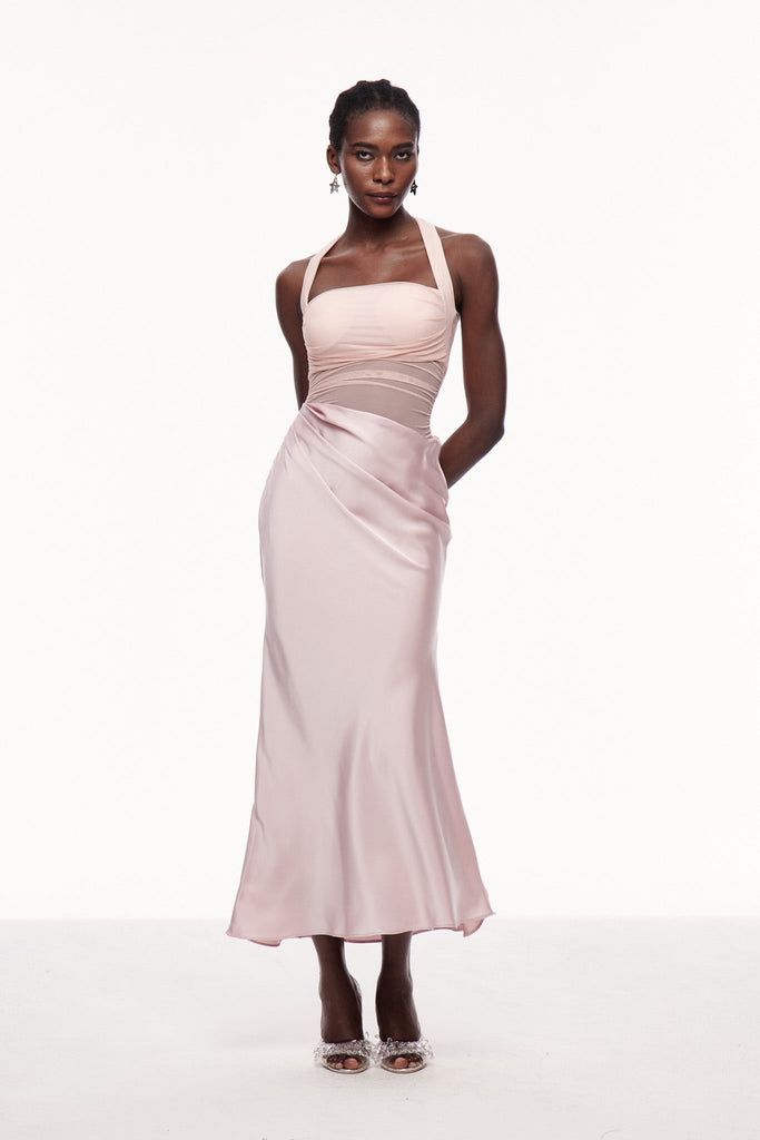 Catharina Halter Neck Ruch Satin Maxi Dress - Stylish beautiful dress for special occasions | Buy Online