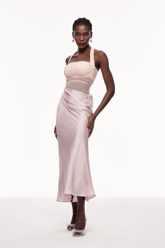 Shop  beautiful dress - Perfect for special occasions | Catharina Halter Neck Ruch Satin Maxi Dress