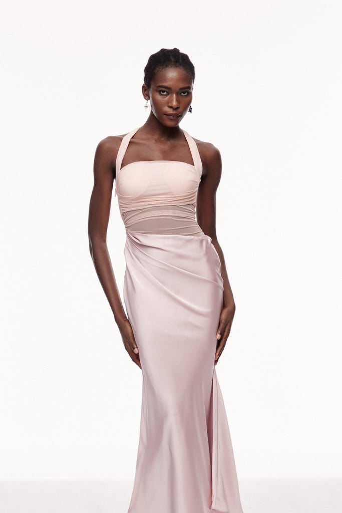 Shop  beautiful dress - Perfect for special occasions | Catharina Halter Neck Ruch Satin Maxi Dress