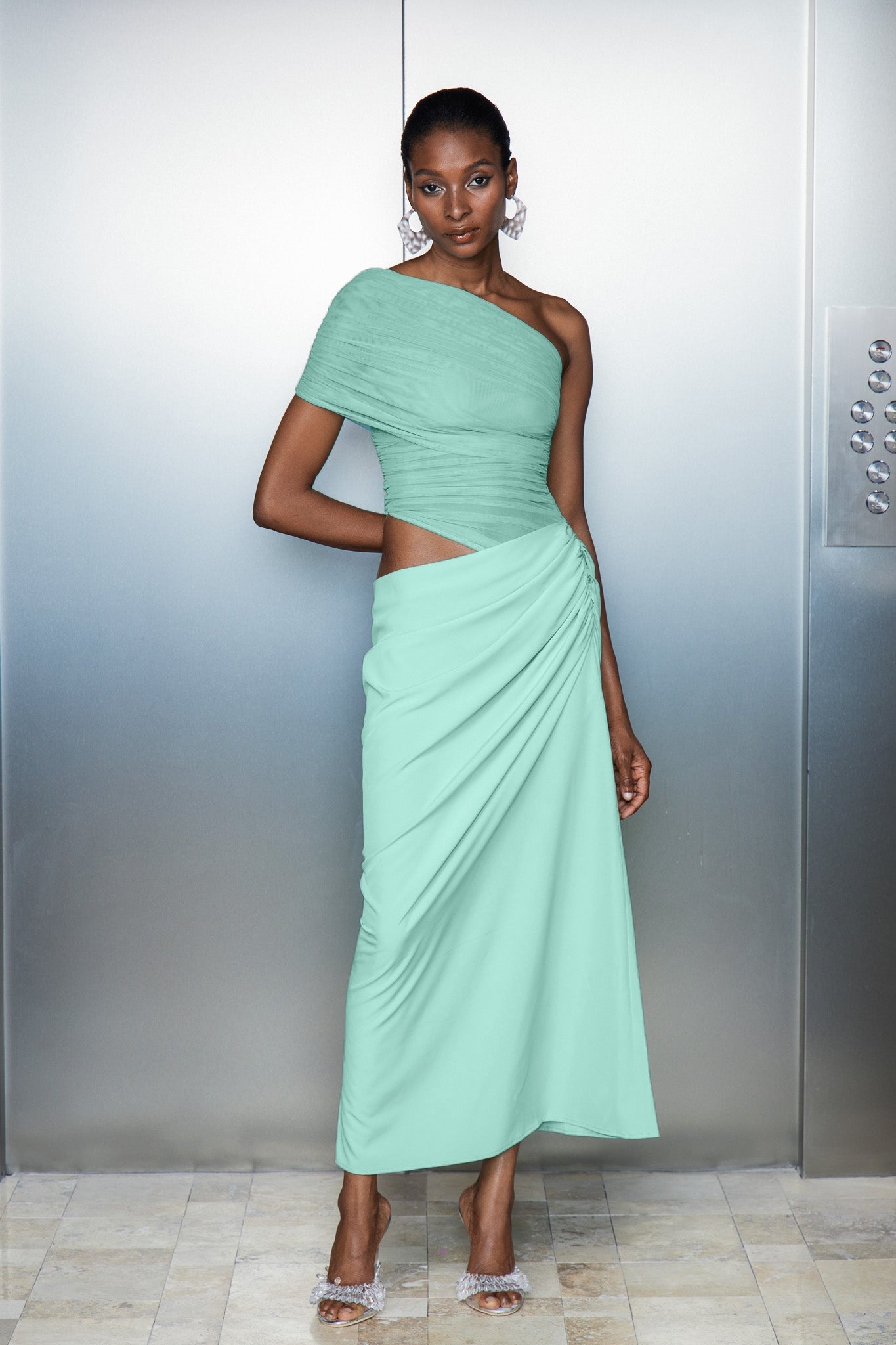 Catharina One Shouder Mesh Ruch Maxi Dress