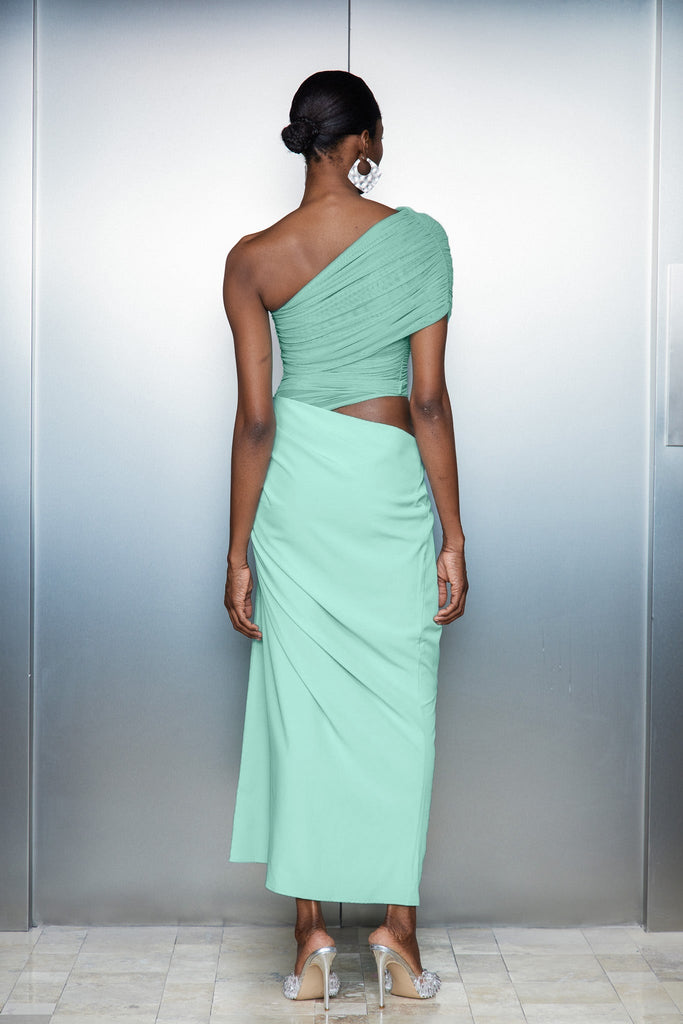 Catharina One Shouder Mesh Ruch Maxi Dress - Stylish beautiful dress for special occasions | Buy Online