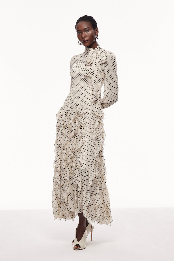 Catriona Dot Bow Ruffle Maxi Dress - Stylish beautiful dress for special occasions | Buy Online