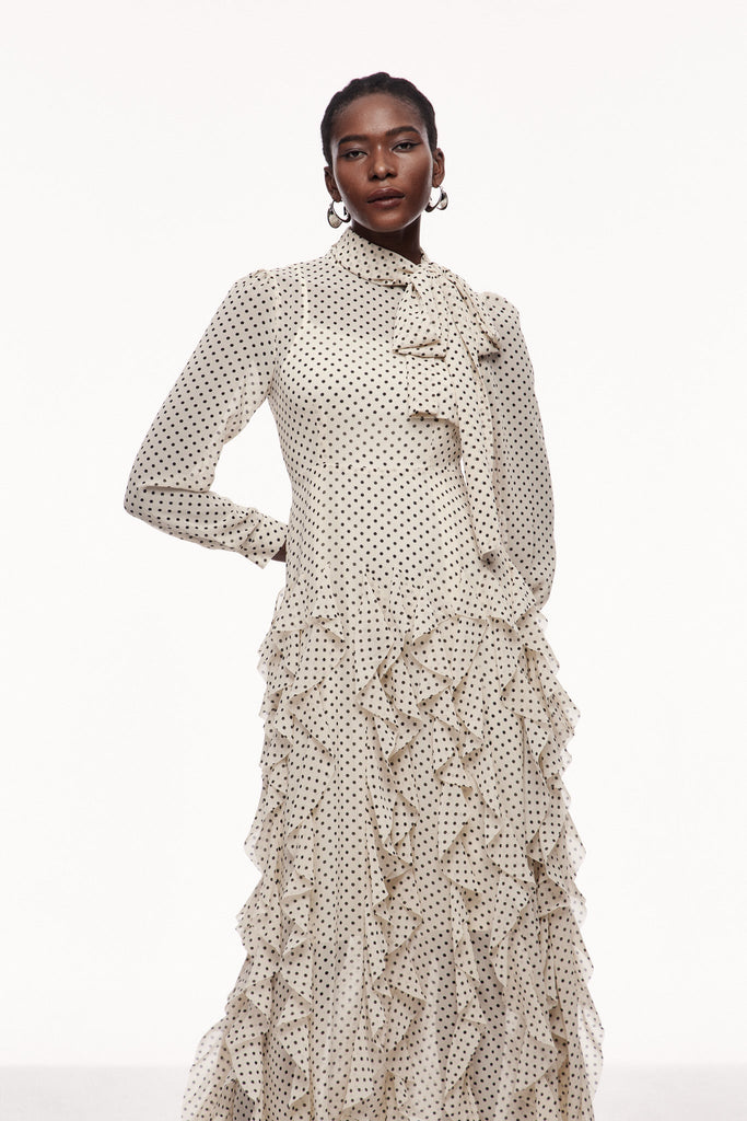 Shop  beautiful dress - Perfect for special occasions | Catriona Dot Bow Ruffle Maxi Dress