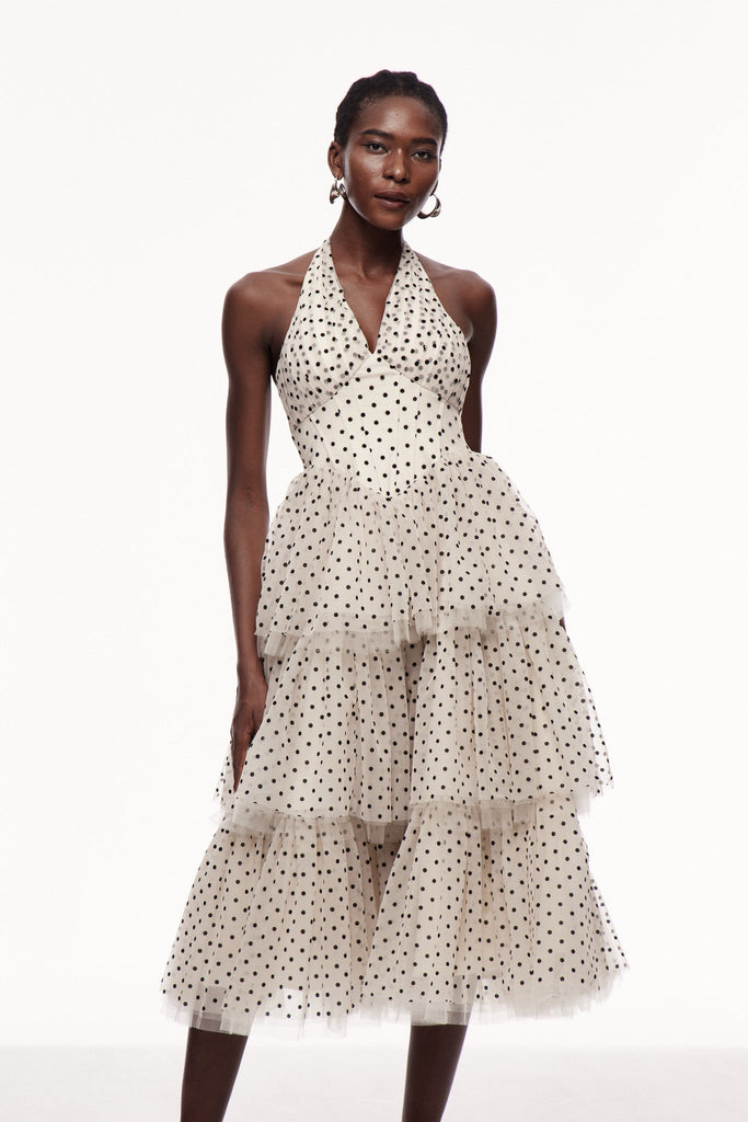 Shop  beautiful dress - Perfect for special occasions | Cayla Dot Mesh Halter Neck Maxi Dress