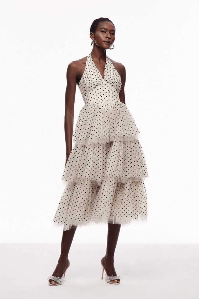 Cayla Dot Mesh Halter Neck Maxi Dress - Stylish beautiful dress for special occasions | Buy Online