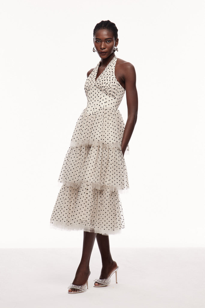 Shop  beautiful dress - Perfect for special occasions | Cayla Dot Mesh Halter Neck Maxi Dress