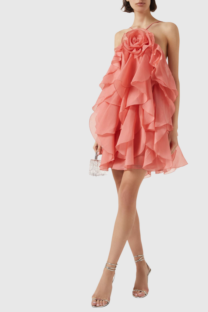Shop  red dress - Perfect for special occasions | Caysie Halter Floral Ruffle Layered Mini Dress - Orange