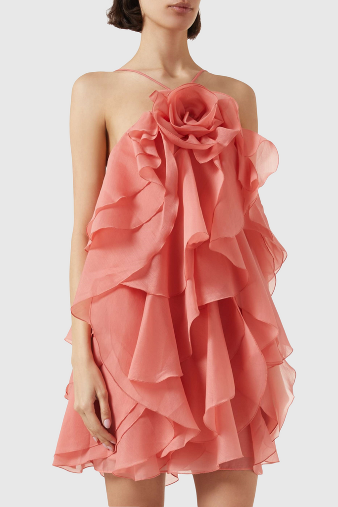 Stylish red dress | Caysie Halter Floral Ruffle Layered Mini Dress - Orange - Ideal for special occasions