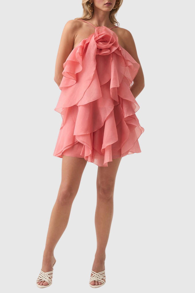 Shop  red dress - Perfect for special occasions | Caysie Halter Floral Ruffle Layered Mini Dress - Orange