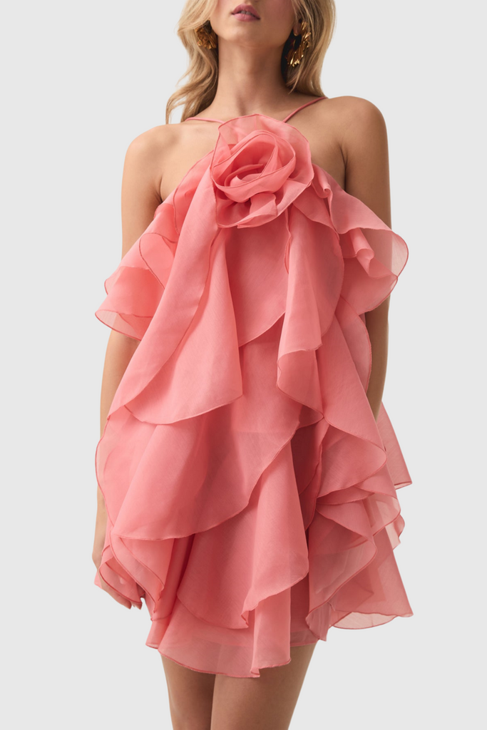 Stylish red dress | Caysie Halter Floral Ruffle Layered Mini Dress - Orange - Ideal for special occasions