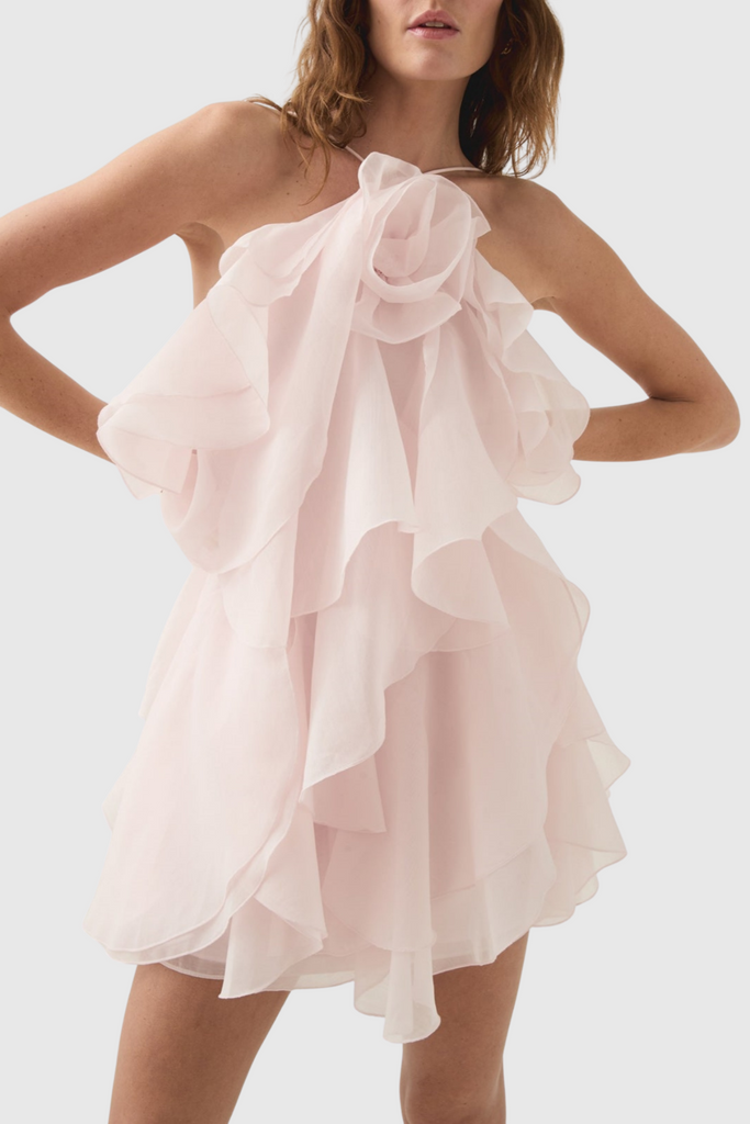 Caysie Halter Floral Ruffle Layered Mini Dress - Pink - Stylish red dress for special occasions | Buy Online