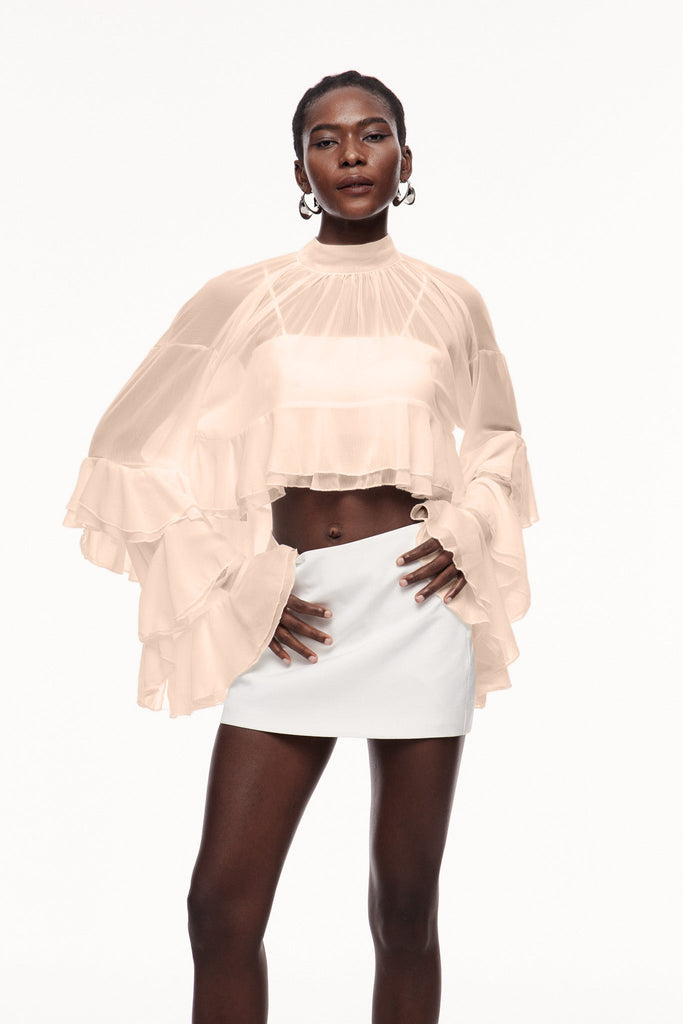 Ceallach Ruffle Long Sleeve Top In Nude - Stylish beautiful dress for special occasions | Buy Online