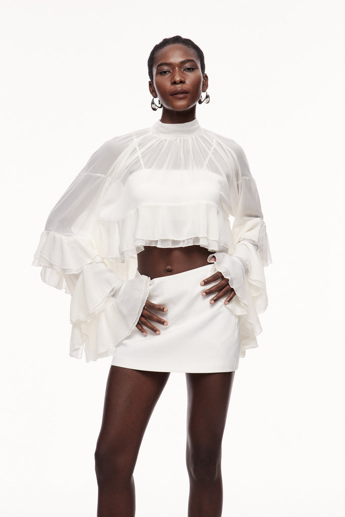 Ceallach Ruffle Long Sleeve Top In White - Stylish white dress for special occasions | Buy Online