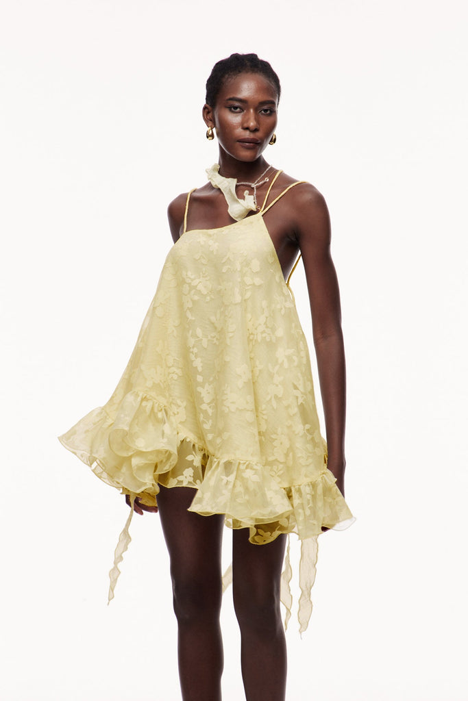 Stylish yellow dress | Cecilio Asymmetric Ruffle Puffy Mini Dress In Yellow - Ideal for special occasions