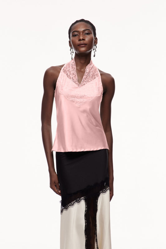 Cecylia Lace Satin Qipao Top In Pink