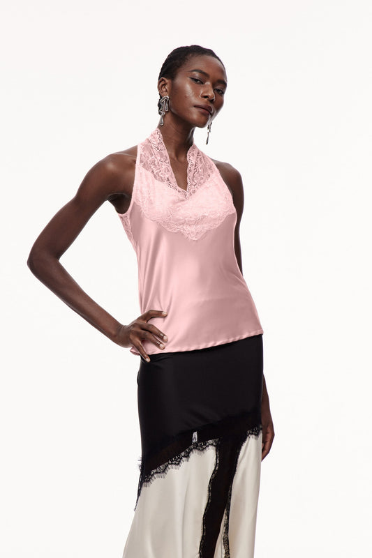 Cecylia Lace Satin Qipao Top In Pink