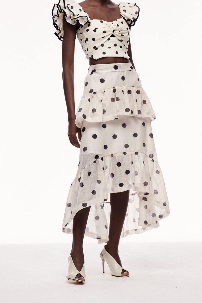 Shop  beautiful maxi - Perfect for special occasions | Celandine Dot Ruffle Maxi Skirt