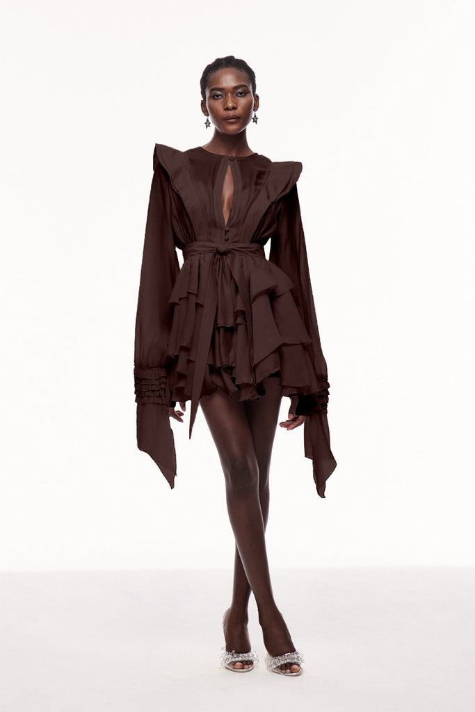 Stylish brown dress | Celsus Ruffle Cutout Mini Dress In Brown - Ideal for special occasions