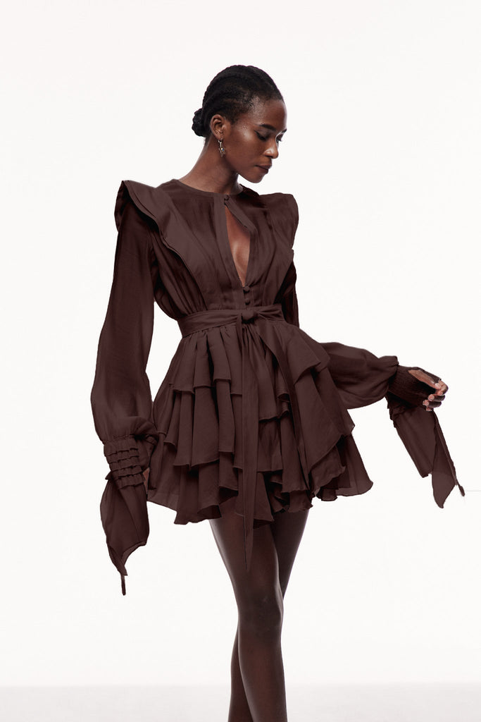 Shop  brown dress - Perfect for special occasions | Celsus Ruffle Cutout Mini Dress In Brown