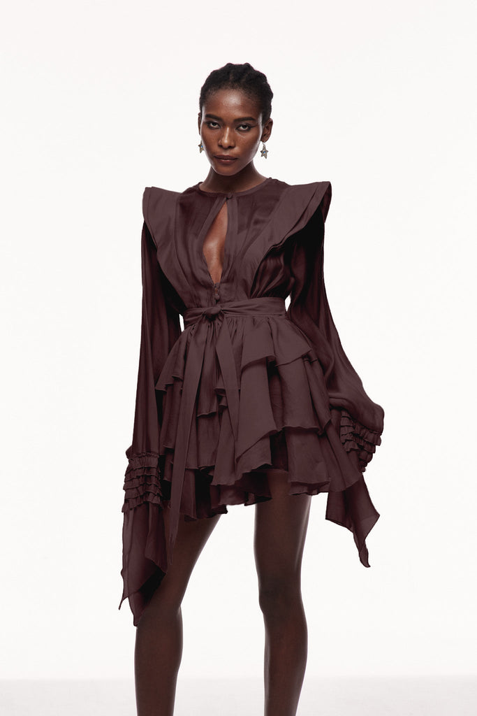 Shop  brown dress - Perfect for special occasions | Celsus Ruffle Cutout Mini Dress In Brown