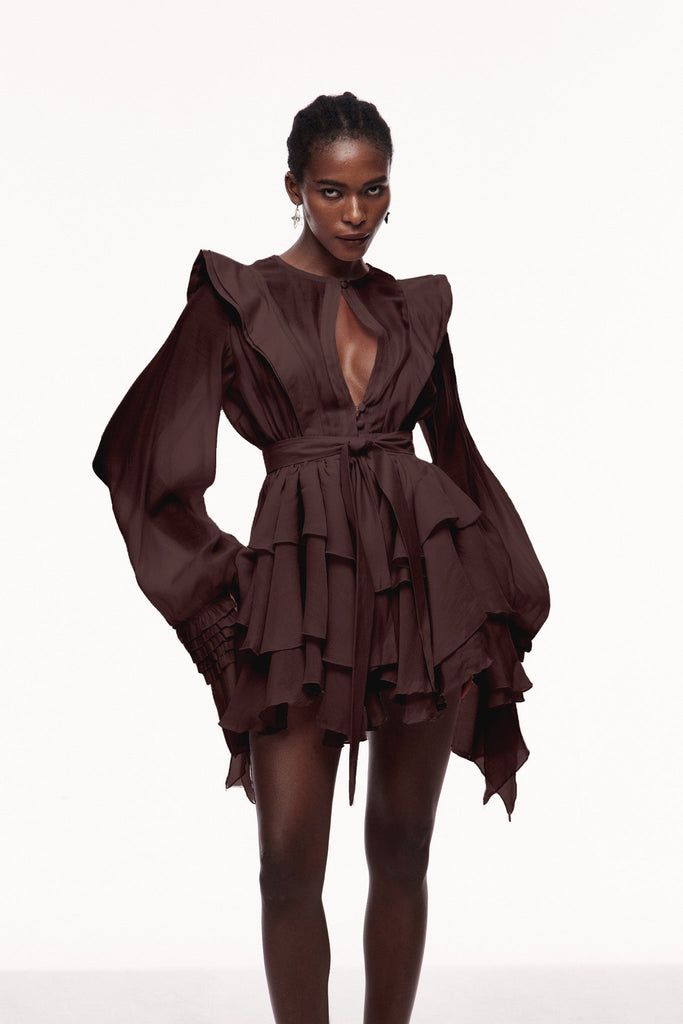 Celsus Ruffle Cutout Mini Dress In Brown - Stylish brown dress for special occasions | Buy Online