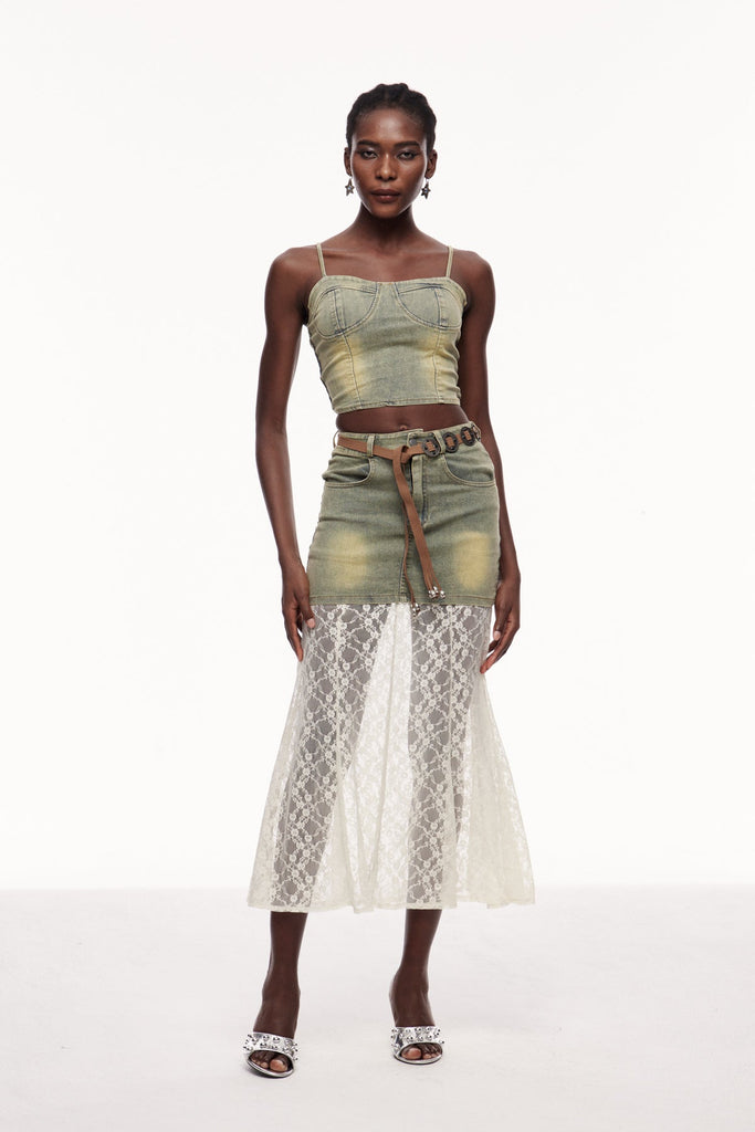 Cengiz Spaghetti Lace Denim Skirt Set - Stylish beautiful dress for special occasions | Buy Online