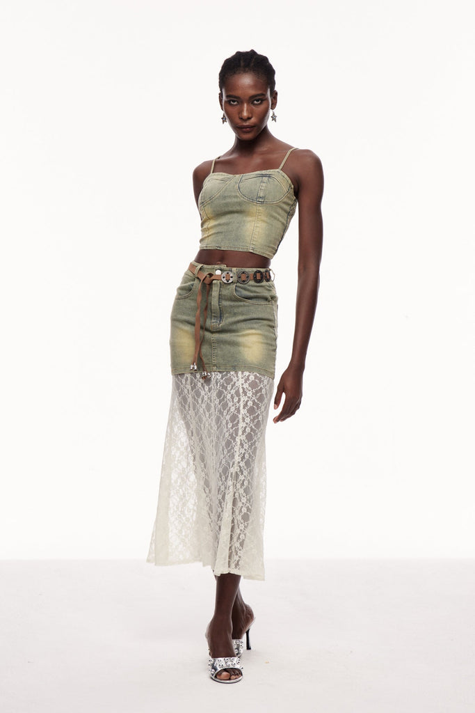 Stylish beautiful dress | Cengiz Spaghetti Lace Denim Skirt Set - Ideal for special occasions