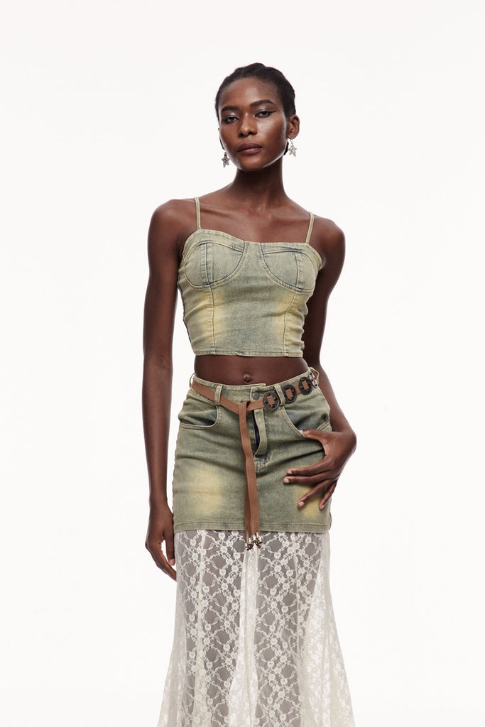 Stylish beautiful dress | Cengiz Spaghetti Lace Denim Skirt Set - Ideal for special occasions