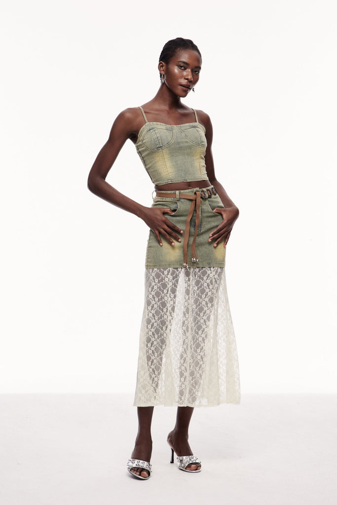 Cengiz Spaghetti Lace Denim Skirt Set - Stylish beautiful dress for special occasions | Buy Online