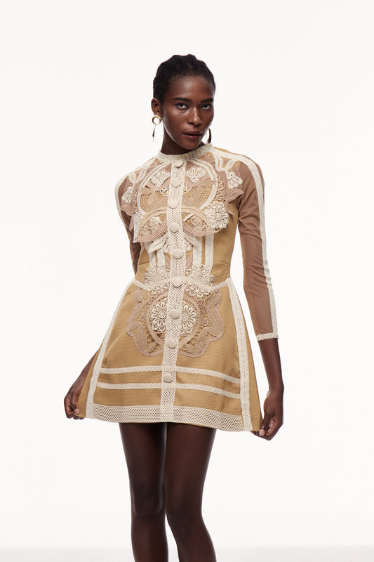Cenk Lace Embroidered Long Sleeve Mini Dress