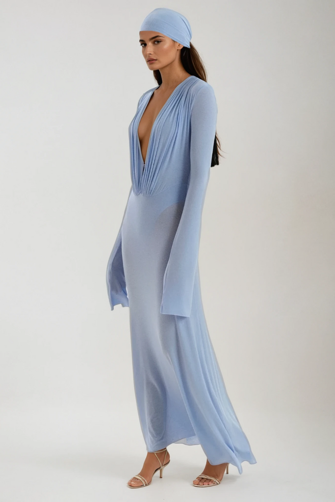 Cerys Plunge Ruch Maxi Dress In Blue - Stylish blue dress for special occasions | Buy Online