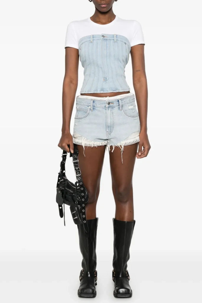 Chaeli Lace-layer Denim Shorts - Blue - Stylish blue dress for special occasions | Buy Online