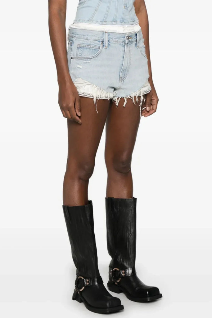 Chaeli Lace-layer Denim Shorts - Blue - Stylish blue dress for special occasions | Buy Online