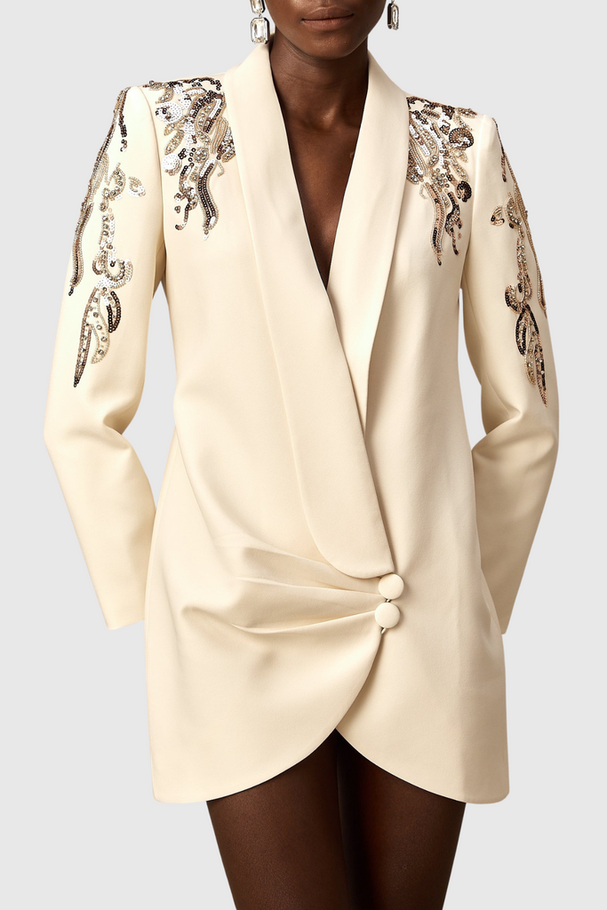 Charnita Sequin Embellished Blazer Dress - Beige - Stylish beige dress for special occasions | Buy Online