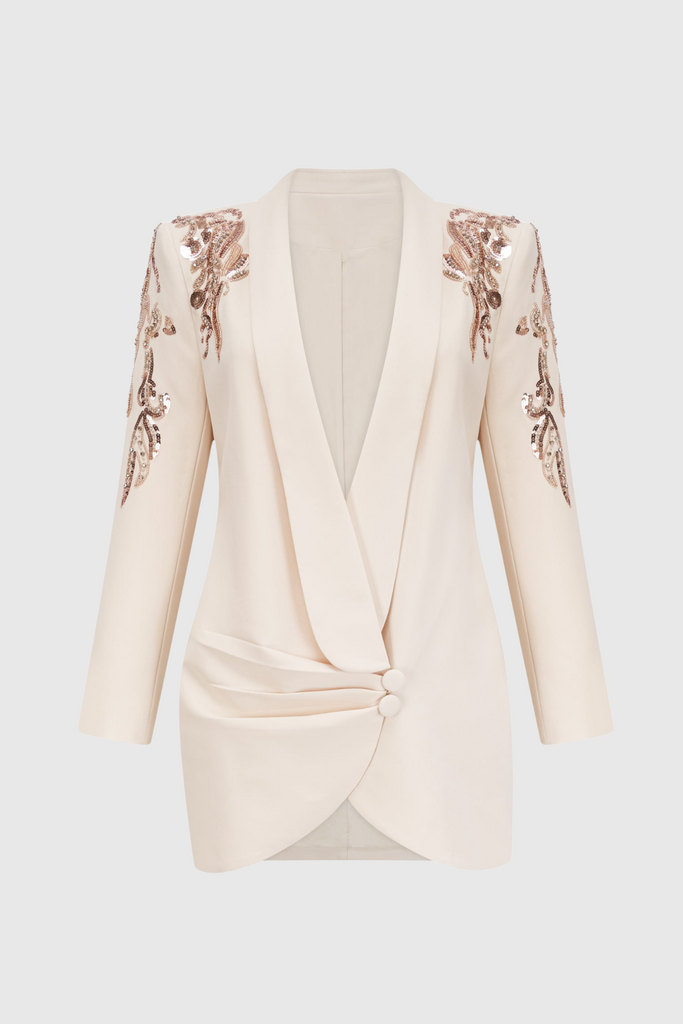 Stylish beige dress | Charnita Sequin Embellished Blazer Dress - Beige - Ideal for special occasions