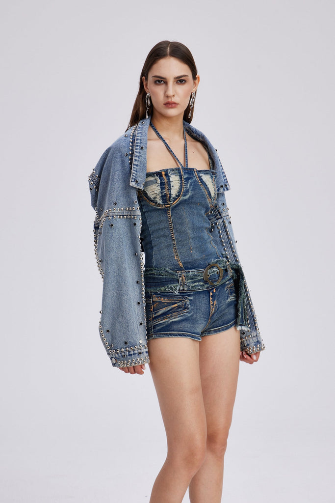 Charo Embellished Shawl Denim Jacket - Stylish beautiful dress for special occasions | Buy Online