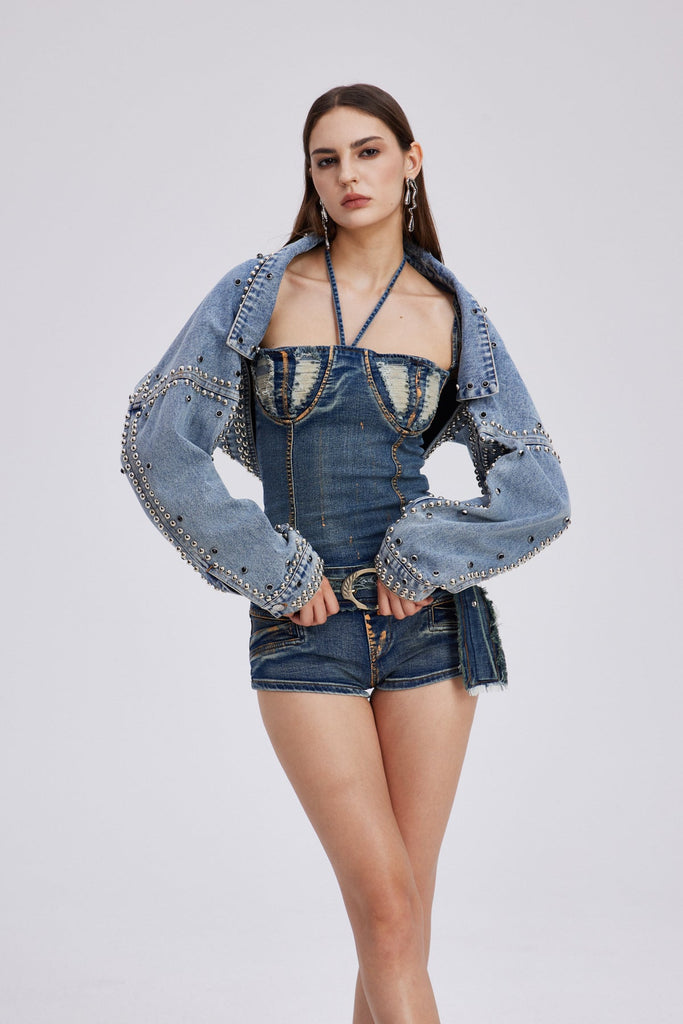 Shop  beautiful dress - Perfect for special occasions | Charo Embellished Shawl Denim Jacket