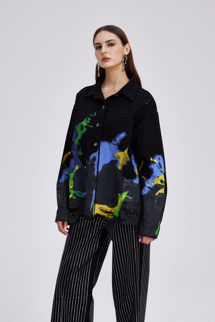 Chastity Print Ripped Denim Jacket - Stylish beautiful dress for special occasions | Buy Online