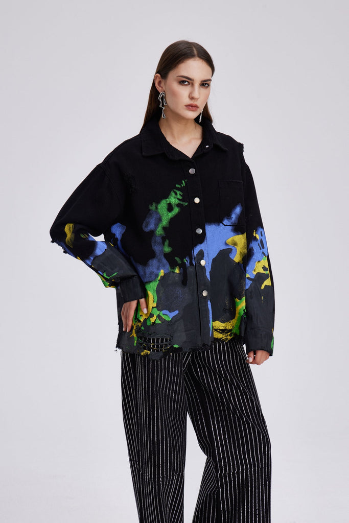 Chastity Print Ripped Denim Jacket - Stylish beautiful dress for special occasions | Buy Online