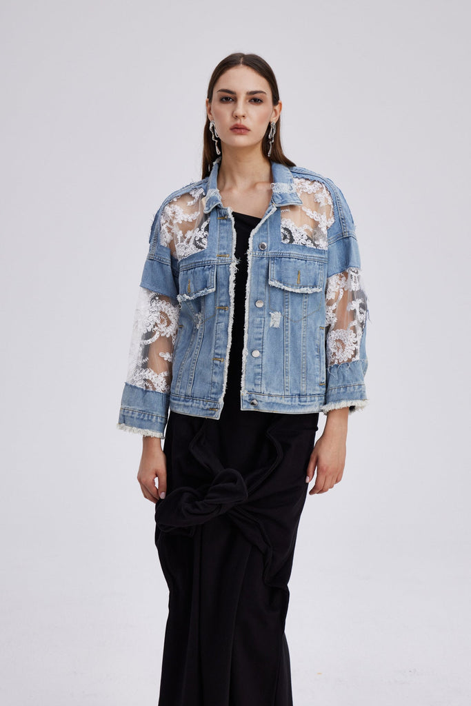 Stylish red dress | Chatzkel Embroidered Lace Denim Jacket - Ideal for special occasions