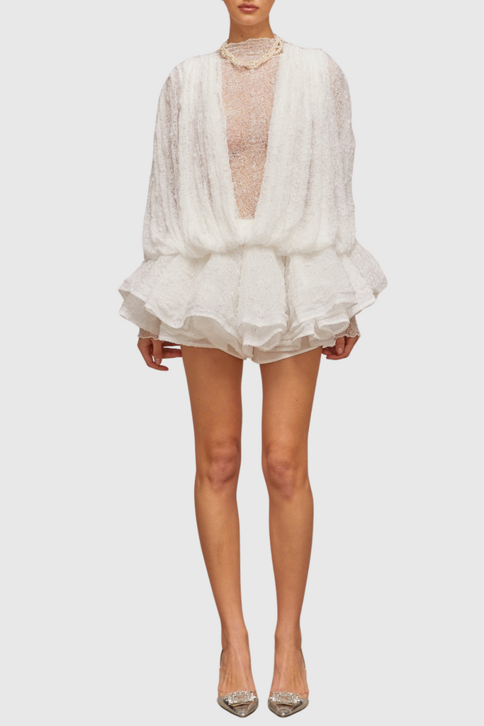 Chaylee Semi-sheer Lace Ruffle Mini Dress - Stylish beautiful dress for special occasions | Buy Online