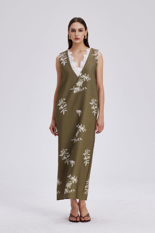 Chelo Lace V Neck Floral Maxi Dress