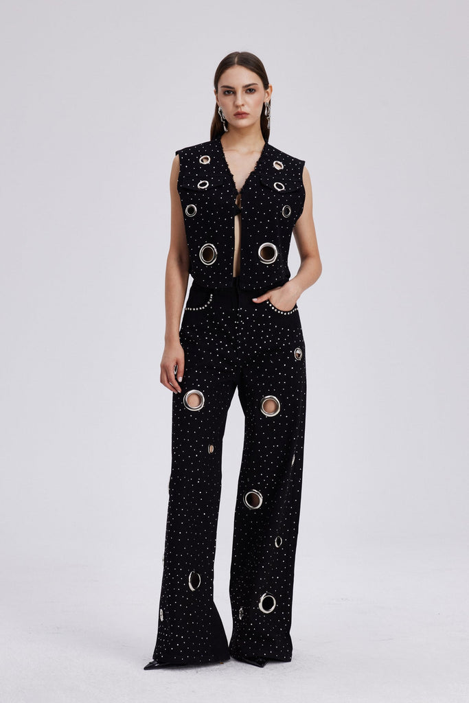 Chet Embellished Cutout Denim Pants Set - Stylish beautiful dress for special occasions | Buy Online