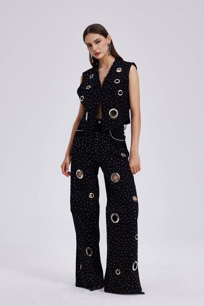 Stylish beautiful dress | Chet Embellished Cutout Denim Pants Set - Ideal for special occasions