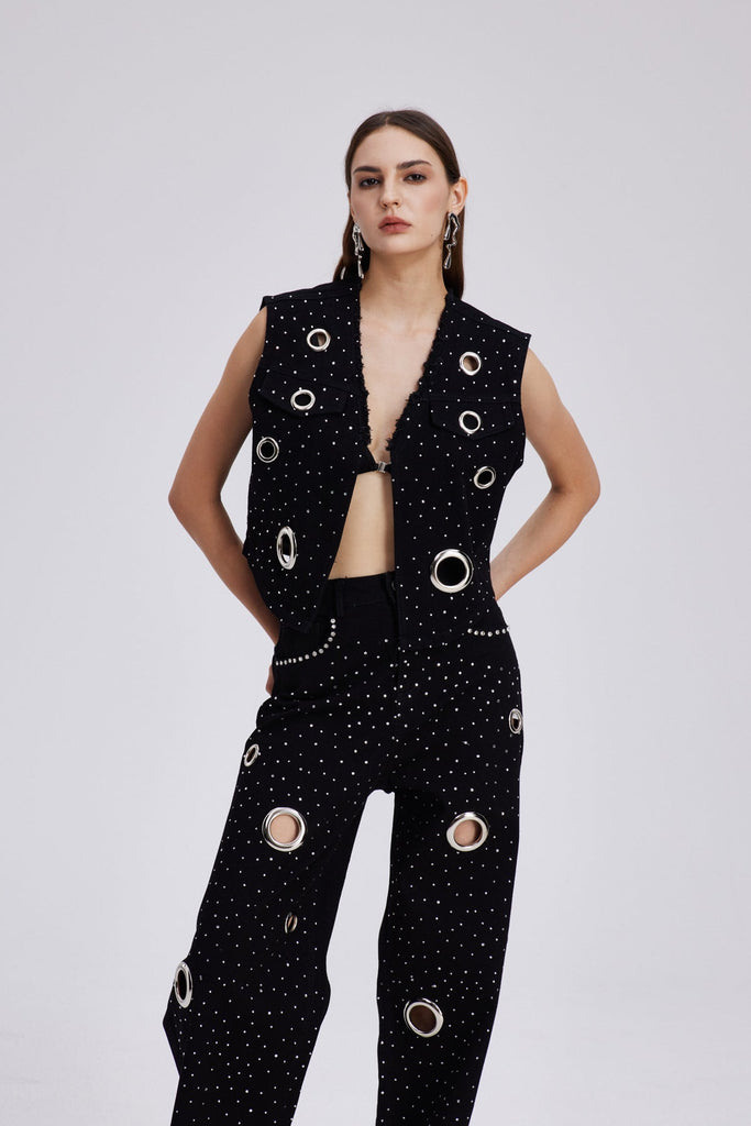 Chet Embellished Cutout Denim Pants Set - Stylish beautiful dress for special occasions | Buy Online
